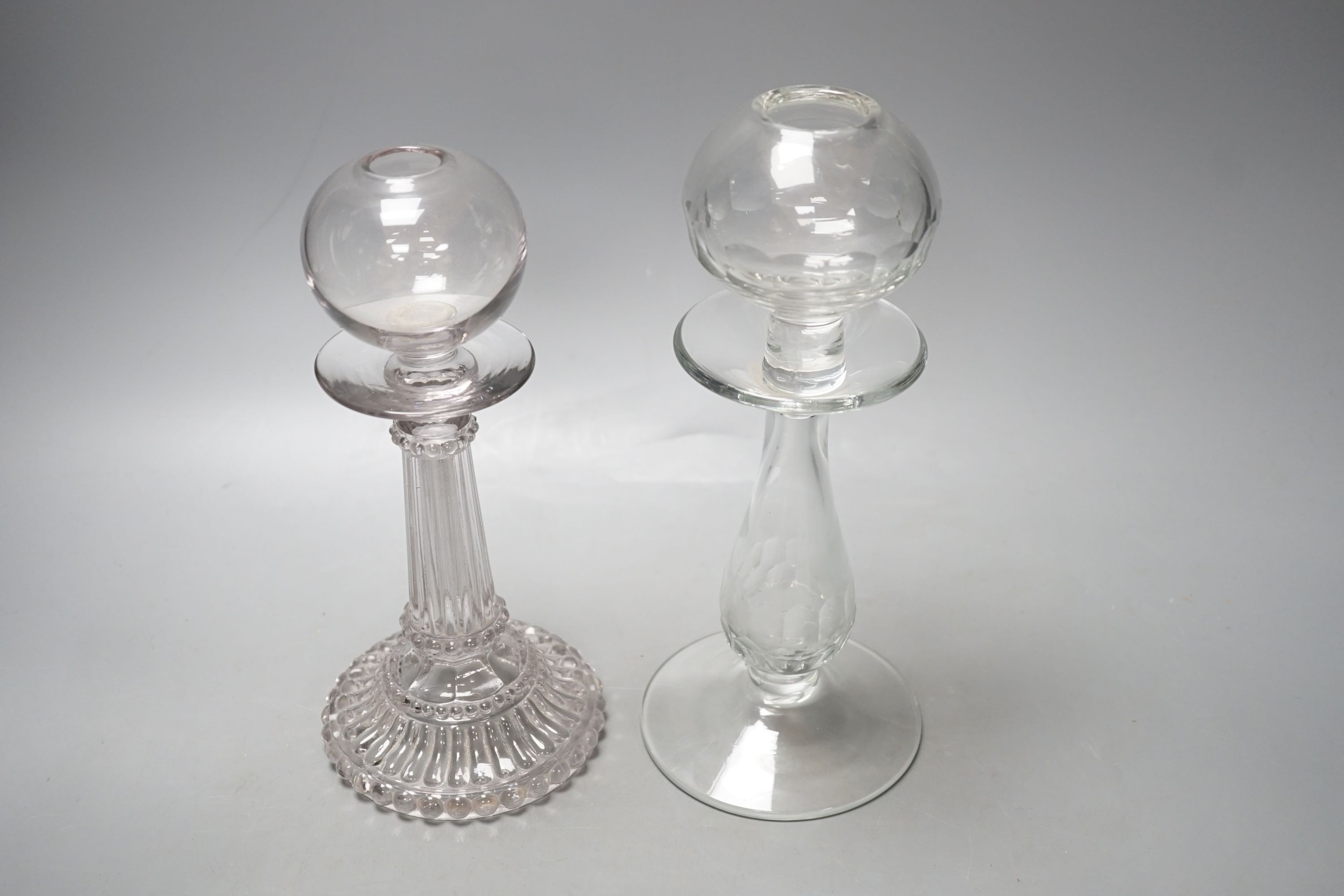 Two 19th century glass lacemakers lamps - tallest 26cm